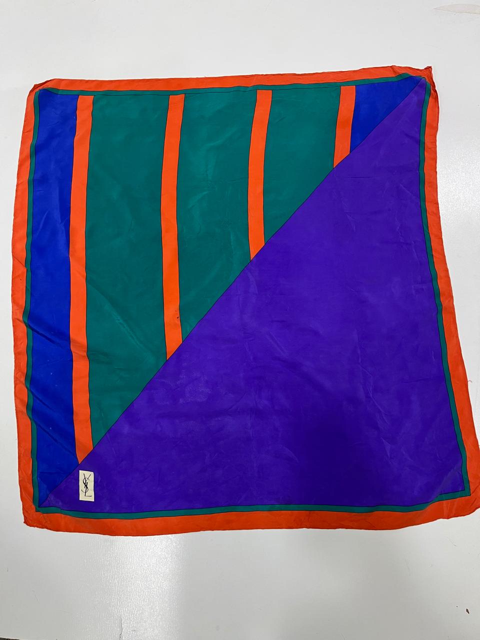 Vintage Yves Saint Laurent YSL Geometric Silk Scarf – Purple, Teal & Orange