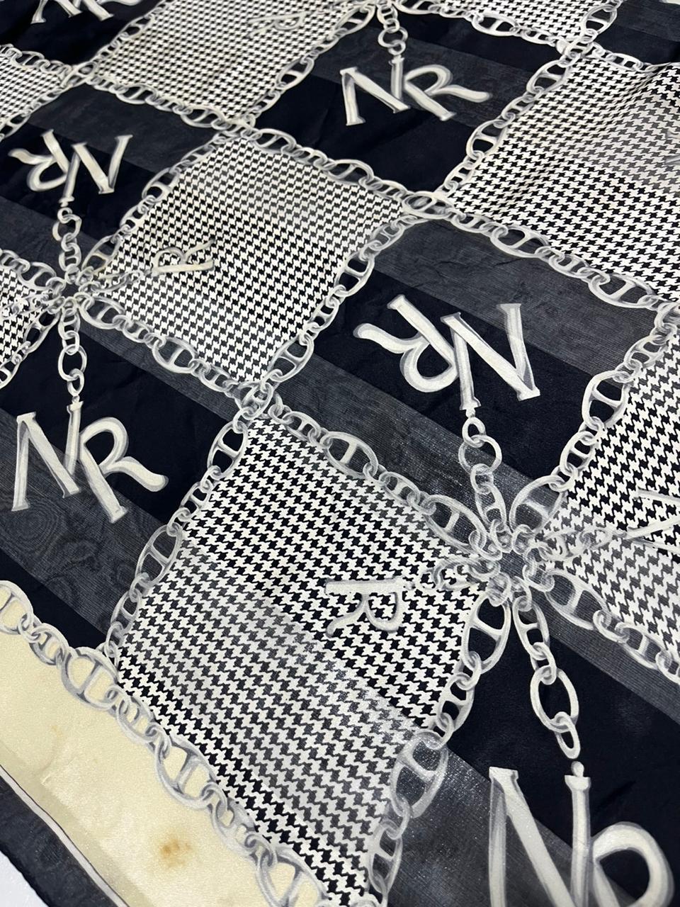 Vintage Nina Ricci Monogram Chain & Houndstooth Silk Square Scarf