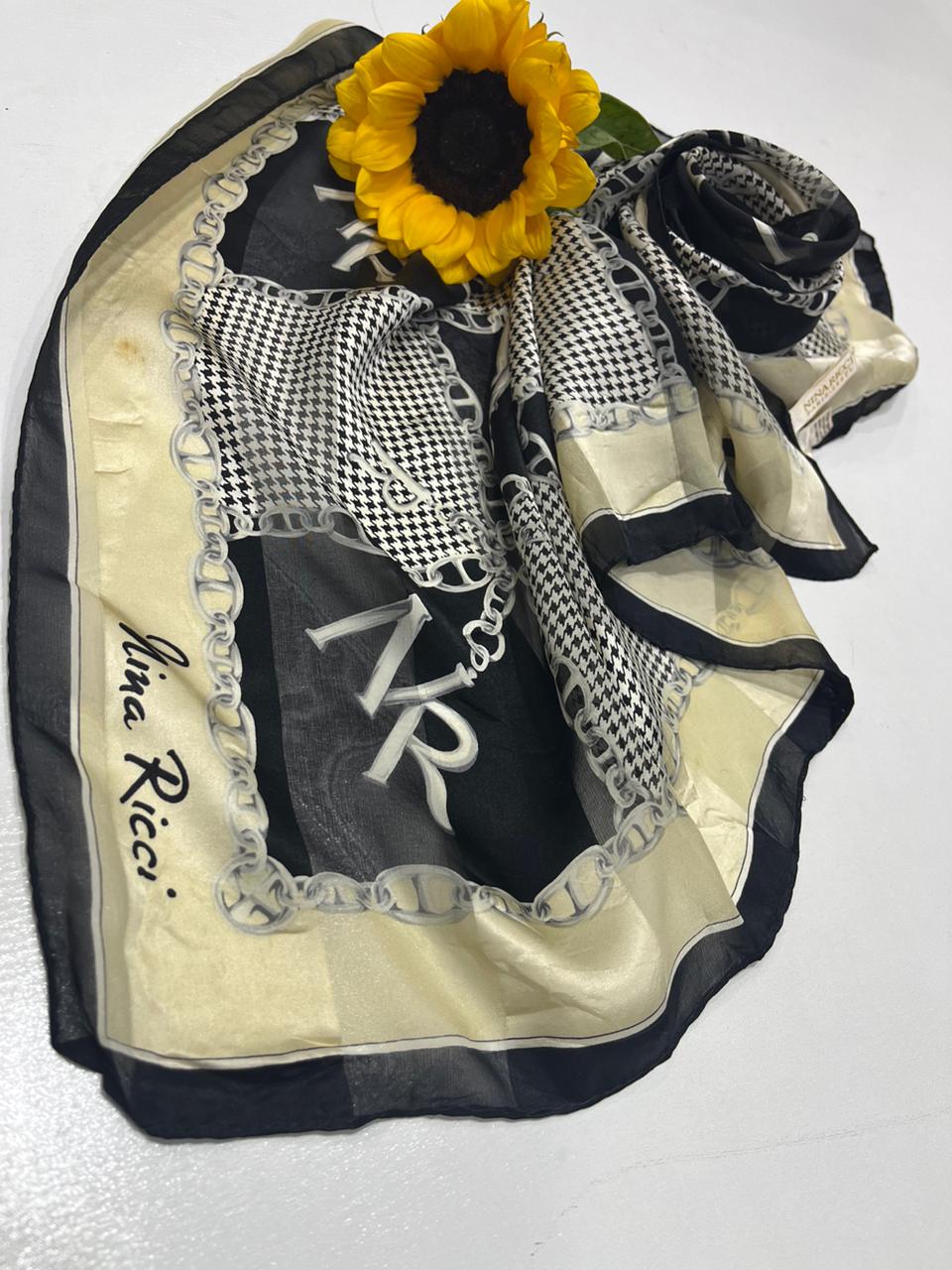 Vintage Nina Ricci Monogram Chain & Houndstooth Silk Square Scarf