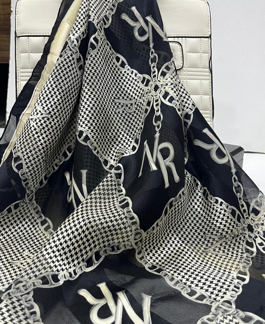 Vintage Nina Ricci Monogram Chain & Houndstooth Silk Square Scarf