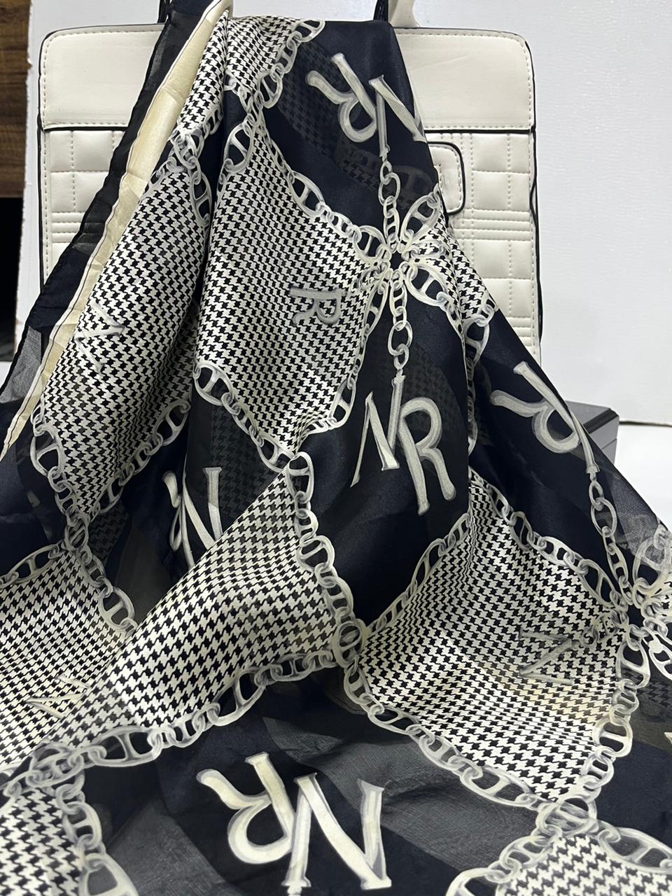 Vintage Nina Ricci Monogram Chain & Houndstooth Silk Square Scarf