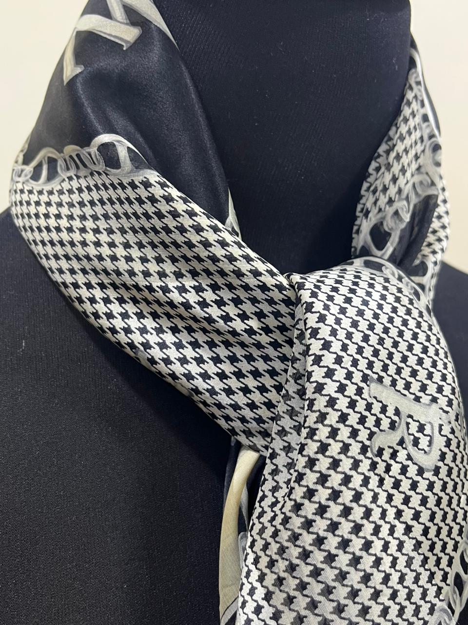 Vintage Nina Ricci Monogram Chain & Houndstooth Silk Square Scarf