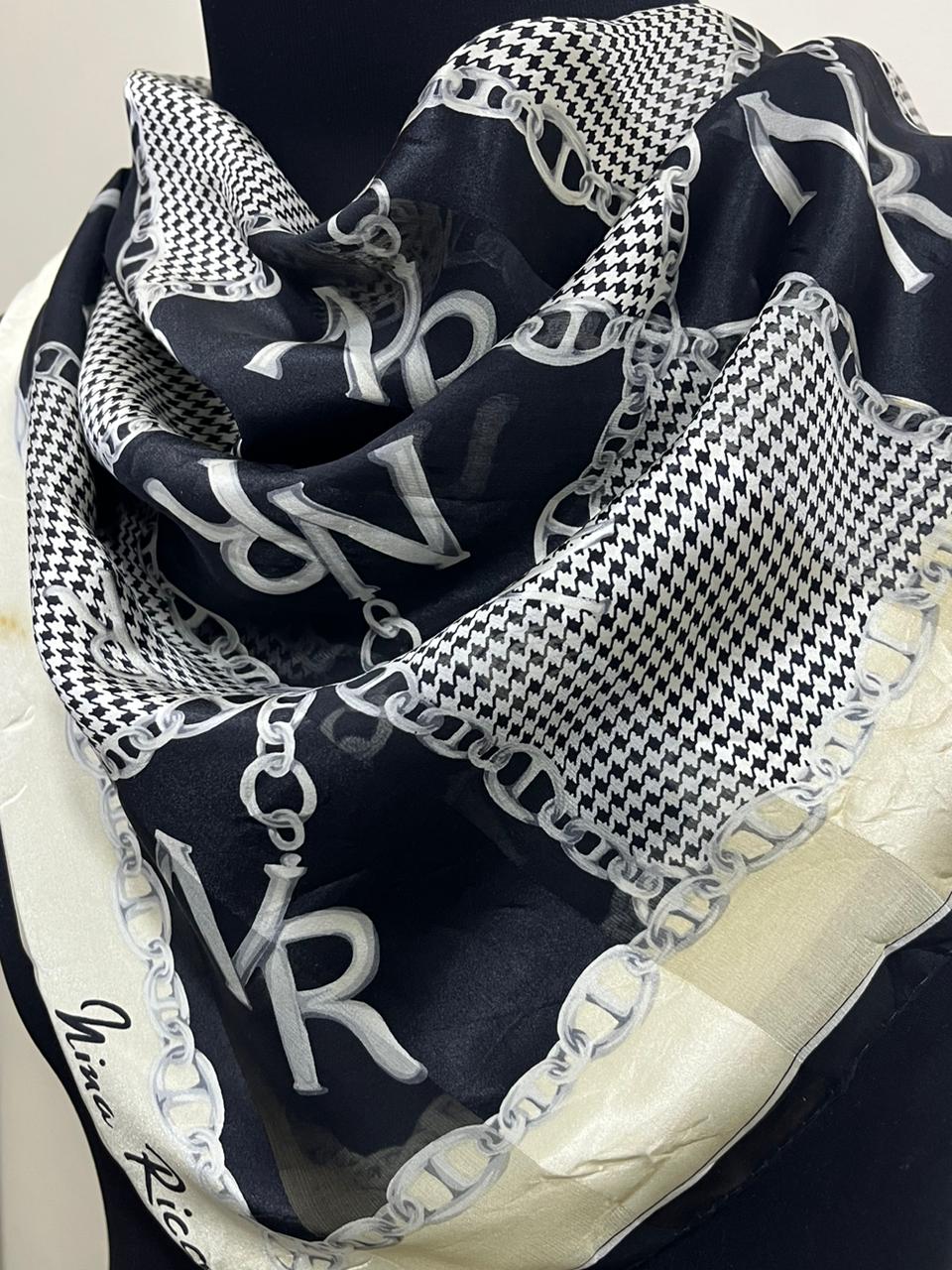 Vintage Nina Ricci Monogram Chain & Houndstooth Silk Square Scarf