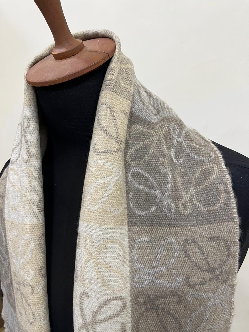 LOEWE Anagram Patchwork Scarf Wool Cashmere Blend Brown Beige Fringed