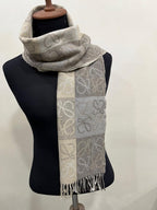LOEWE Anagram Patchwork Scarf Wool Cashmere Blend Brown Beige Fringed