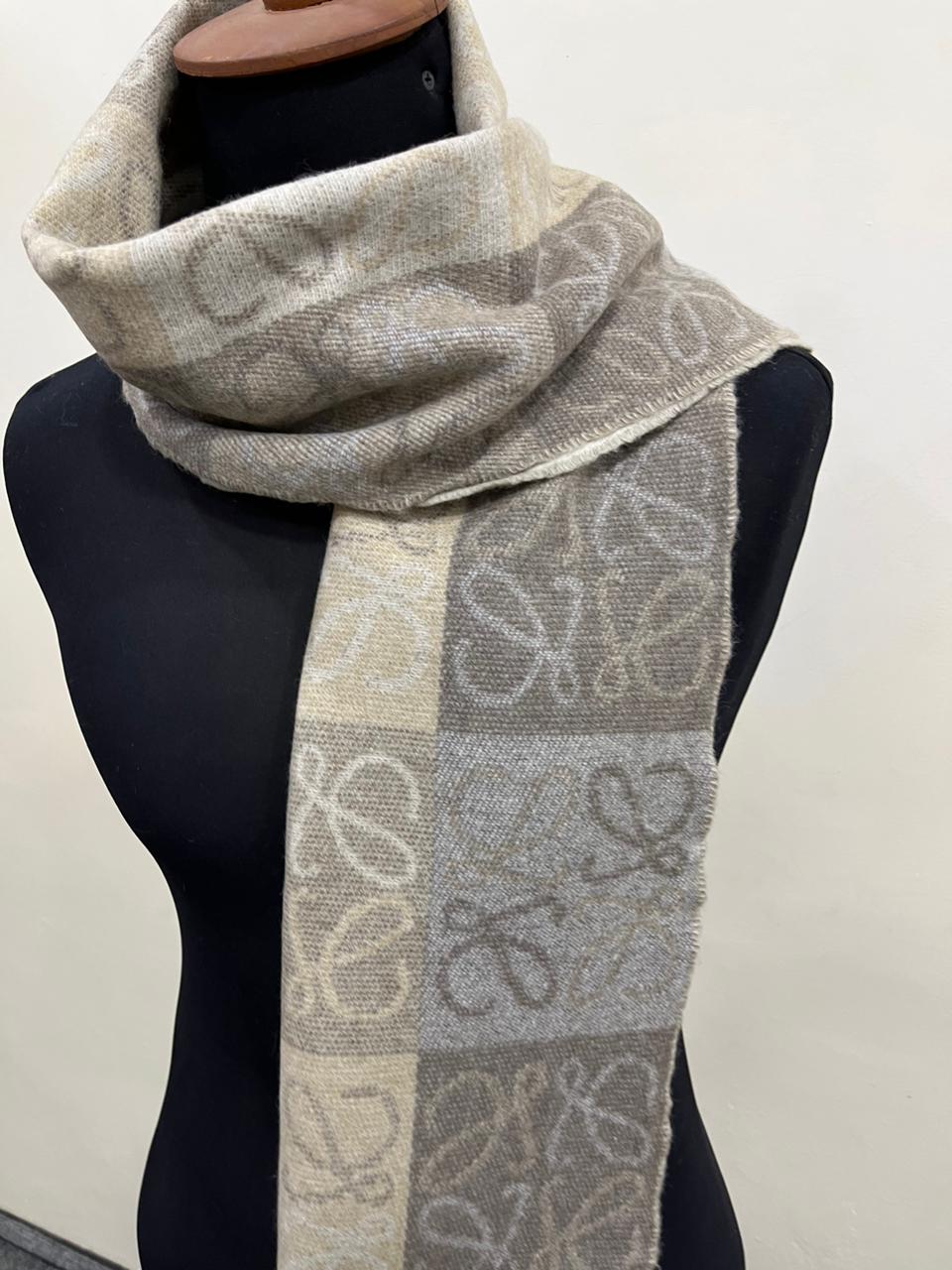 LOEWE Anagram Patchwork Scarf Wool Cashmere Blend Brown Beige Fringed
