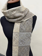 LOEWE Anagram Patchwork Scarf Wool Cashmere Blend Brown Beige Fringed