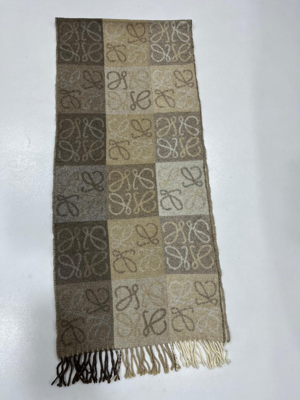 LOEWE Anagram Patchwork Scarf Wool Cashmere Blend Brown Beige Fringed