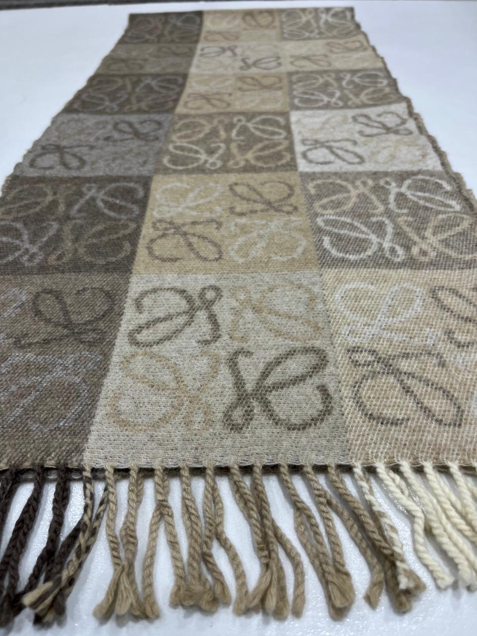 LOEWE Anagram Patchwork Scarf Wool Cashmere Blend Brown Beige Fringed