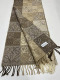 LOEWE Anagram Patchwork Scarf Wool Cashmere Blend Brown Beige Fringed