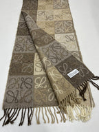 LOEWE Anagram Patchwork Scarf Wool Cashmere Blend Brown Beige Fringed
