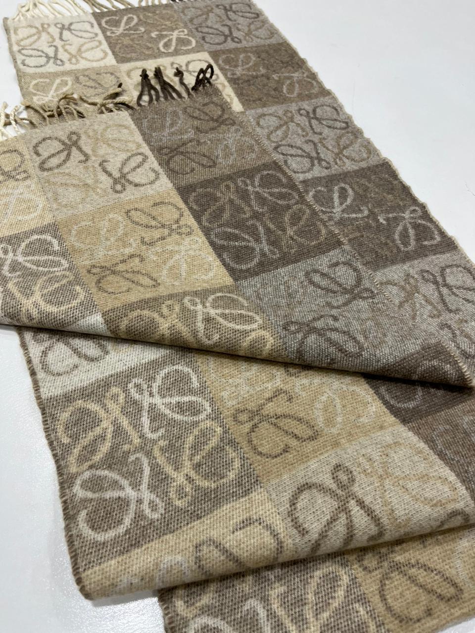LOEWE Anagram Patchwork Scarf Wool Cashmere Blend Brown Beige Fringed