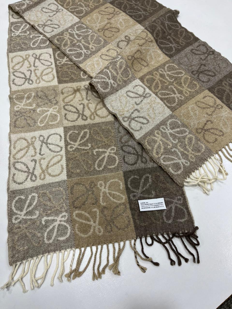 LOEWE Anagram Patchwork Scarf Wool Cashmere Blend Brown Beige Fringed