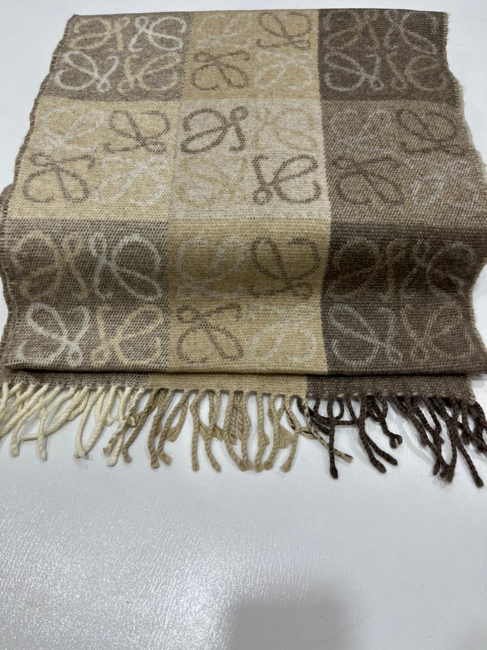 LOEWE Anagram Patchwork Scarf Wool Cashmere Blend Brown Beige Fringed