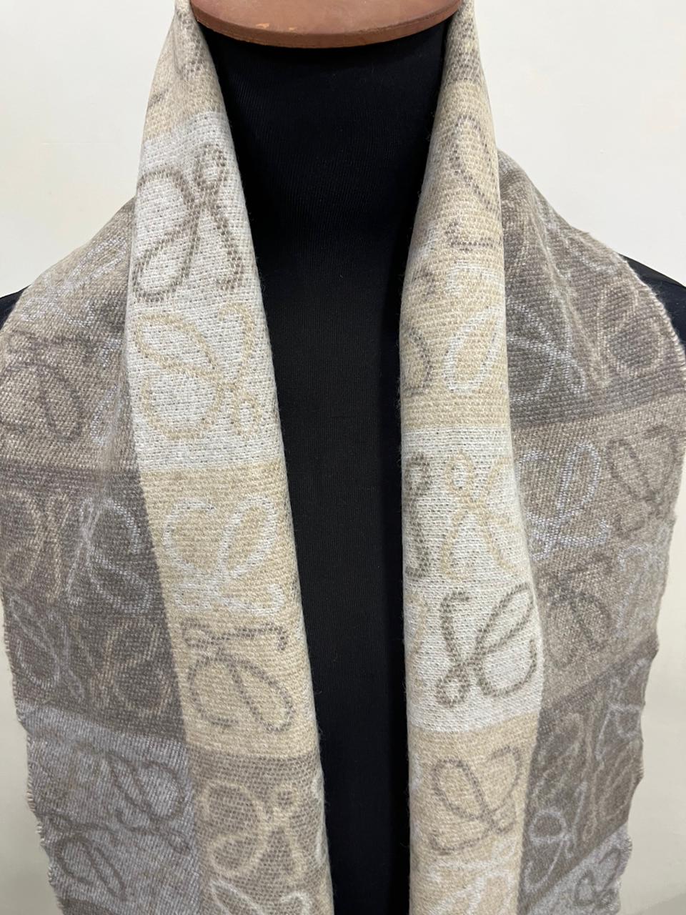 LOEWE Anagram Patchwork Scarf Wool Cashmere Blend Brown Beige Fringed