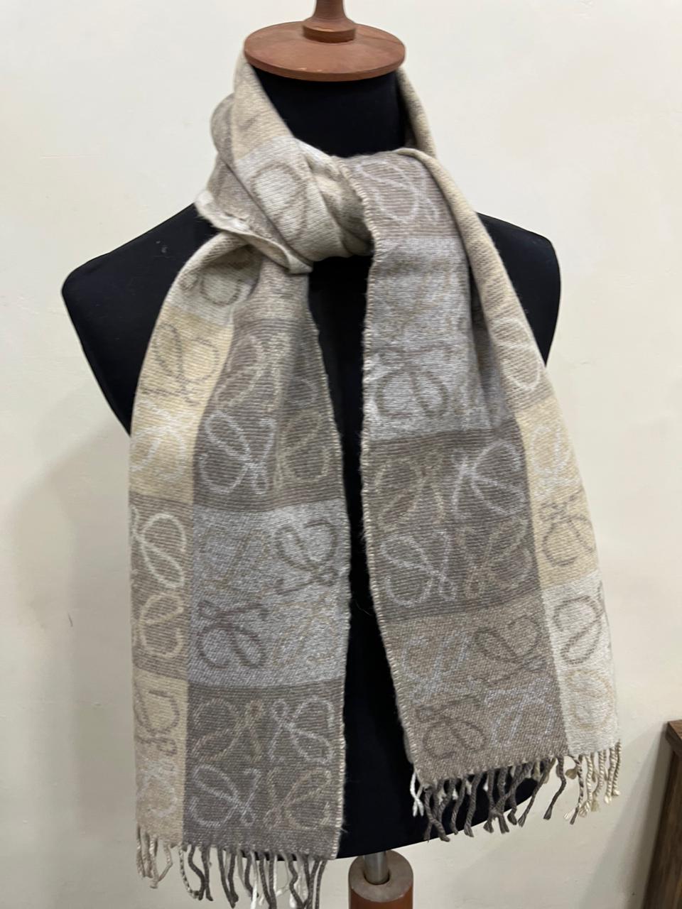 LOEWE Anagram Patchwork Scarf Wool Cashmere Blend Brown Beige Fringed