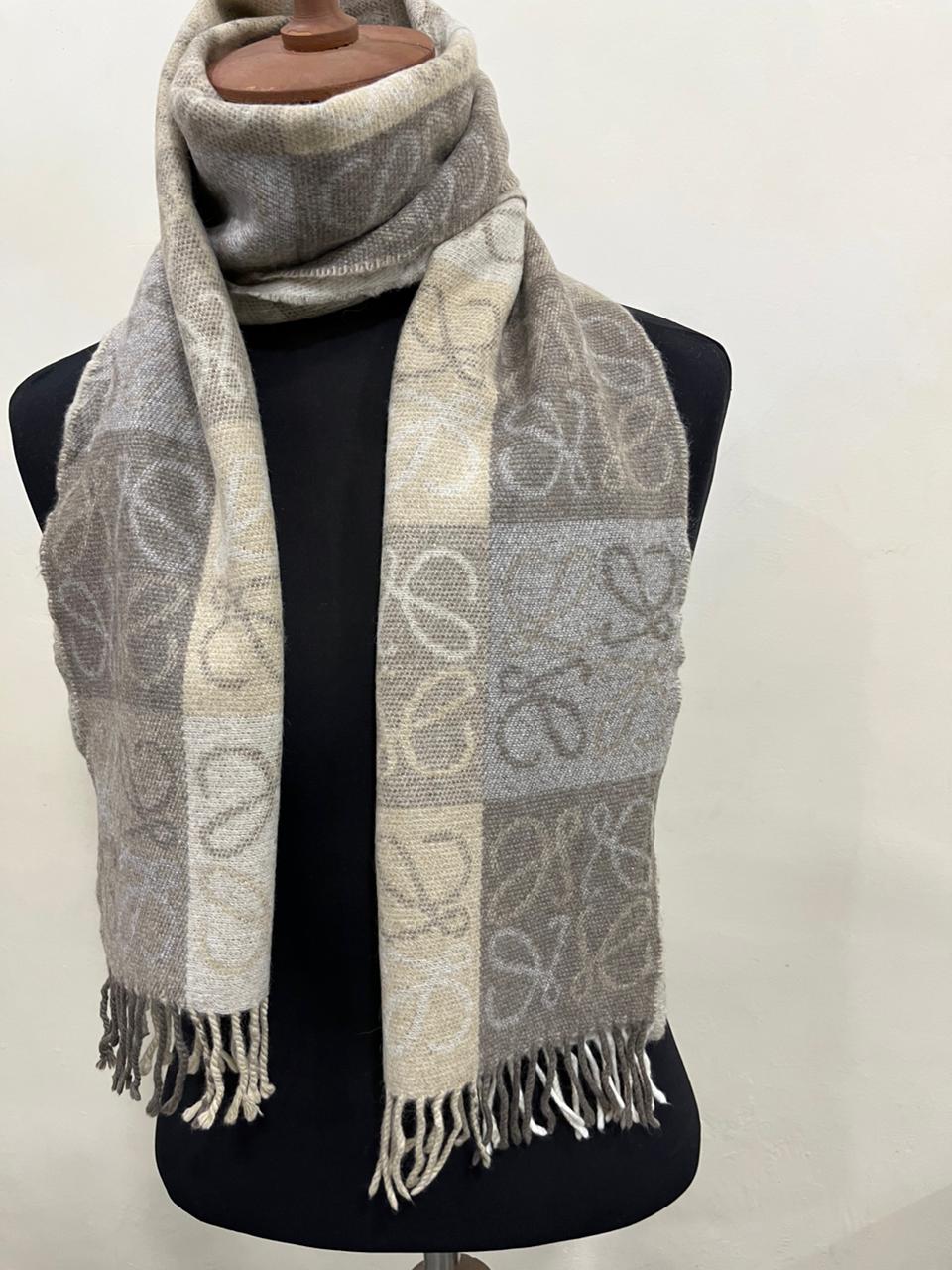 LOEWE Anagram Patchwork Scarf Wool Cashmere Blend Brown Beige Fringed