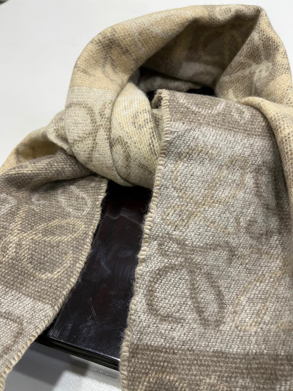 LOEWE Anagram Patchwork Scarf Wool Cashmere Blend Brown Beige Fringed