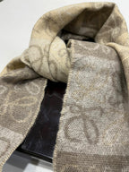 LOEWE Anagram Patchwork Scarf Wool Cashmere Blend Brown Beige Fringed