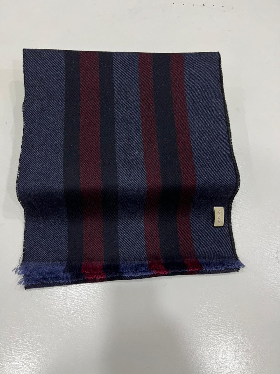 Gucci Navy & Burgundy Striped Wool Scarf with Fringe