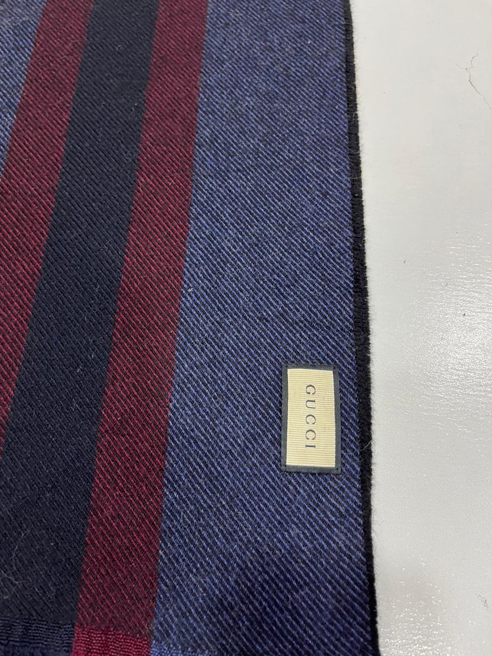 Gucci Navy & Burgundy Striped Wool Scarf with Fringe