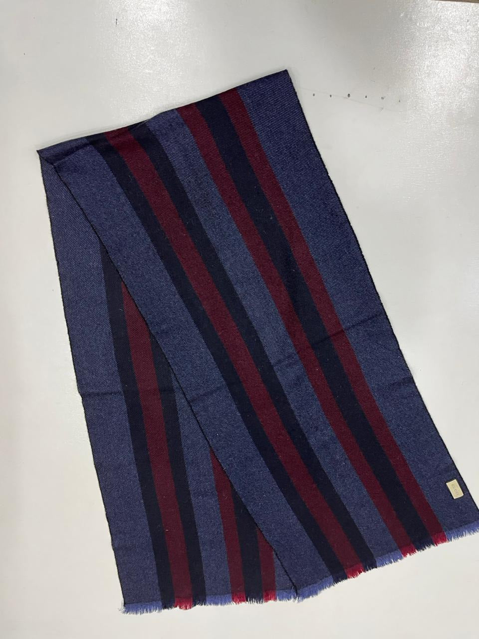 Gucci Navy & Burgundy Striped Wool Scarf with Fringe