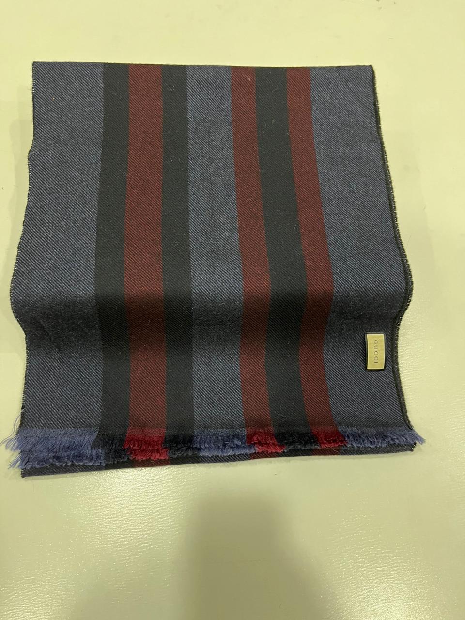 Gucci Navy & Burgundy Striped Wool Scarf with Fringe