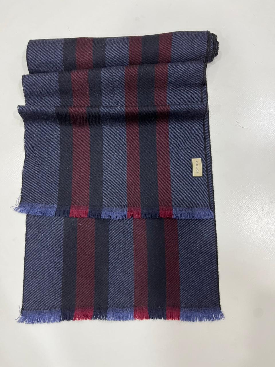 Gucci Navy & Burgundy Striped Wool Scarf with Fringe