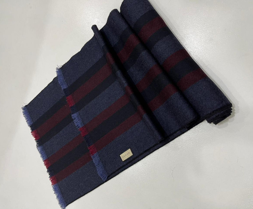 Gucci Navy & Burgundy Striped Wool Scarf with Fringe