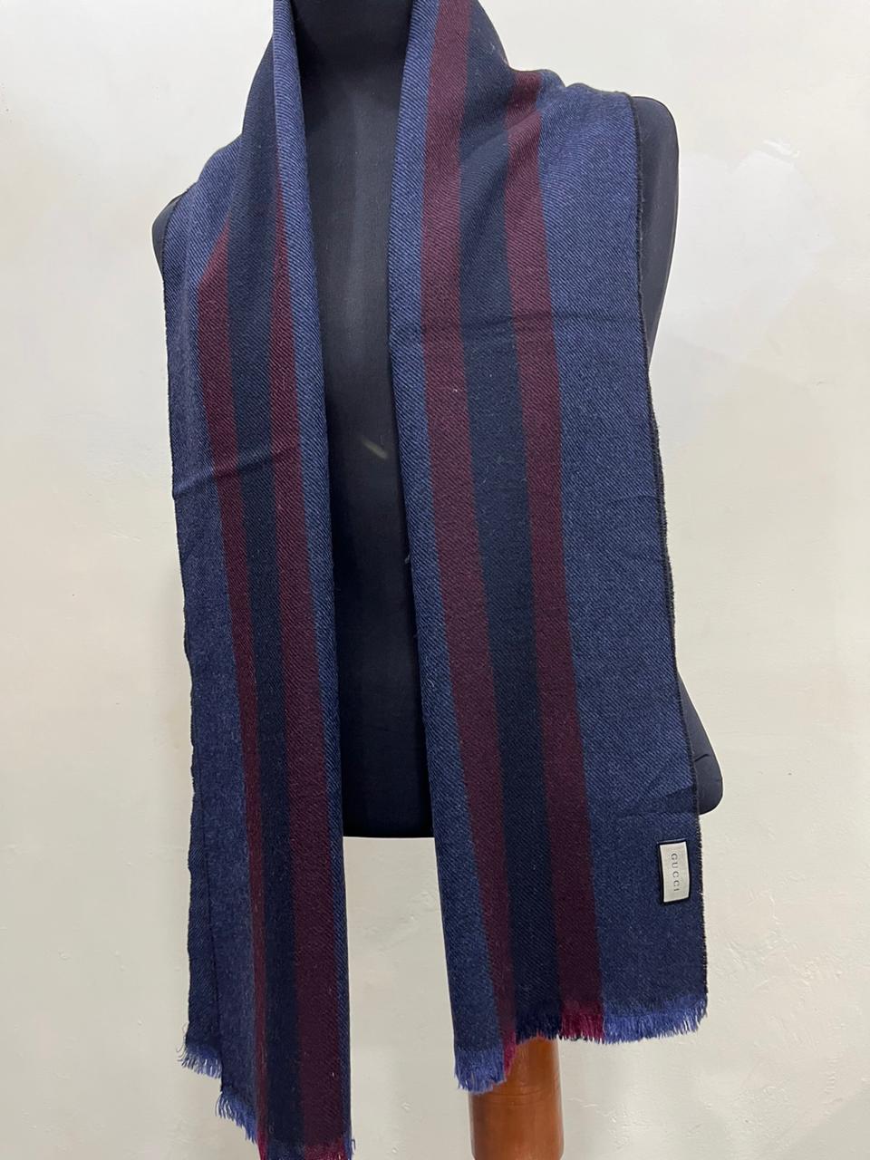 Gucci Navy & Burgundy Striped Wool Scarf with Fringe