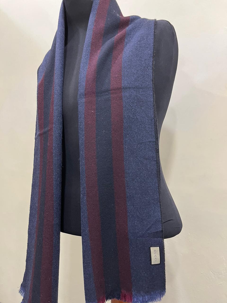 Gucci Navy & Burgundy Striped Wool Scarf with Fringe