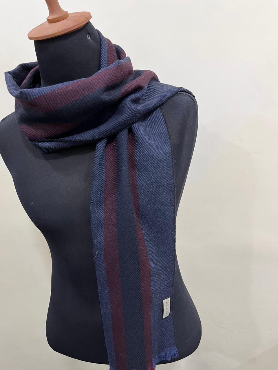Gucci Navy & Burgundy Striped Wool Scarf with Fringe