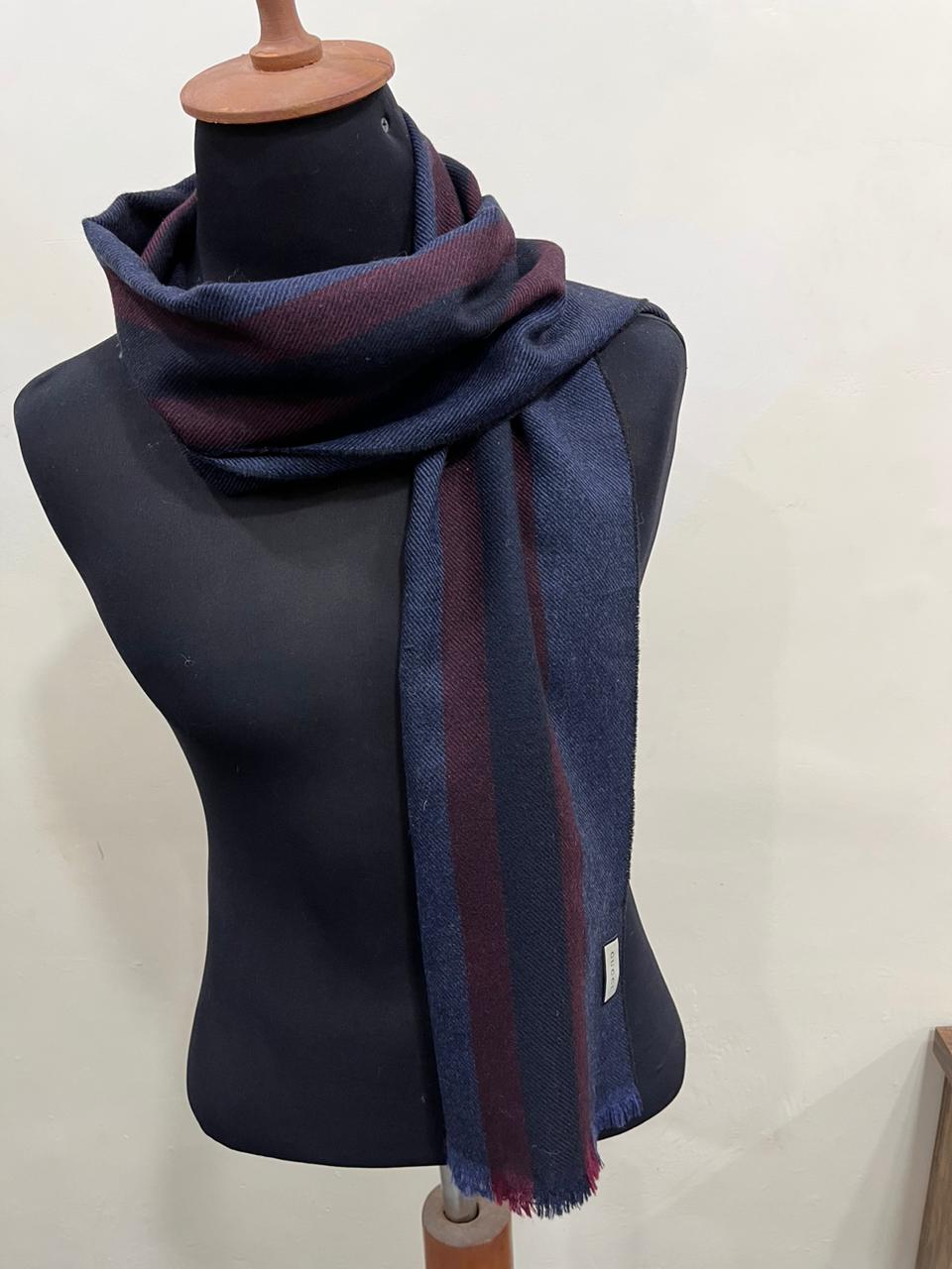Gucci Navy & Burgundy Striped Wool Scarf with Fringe