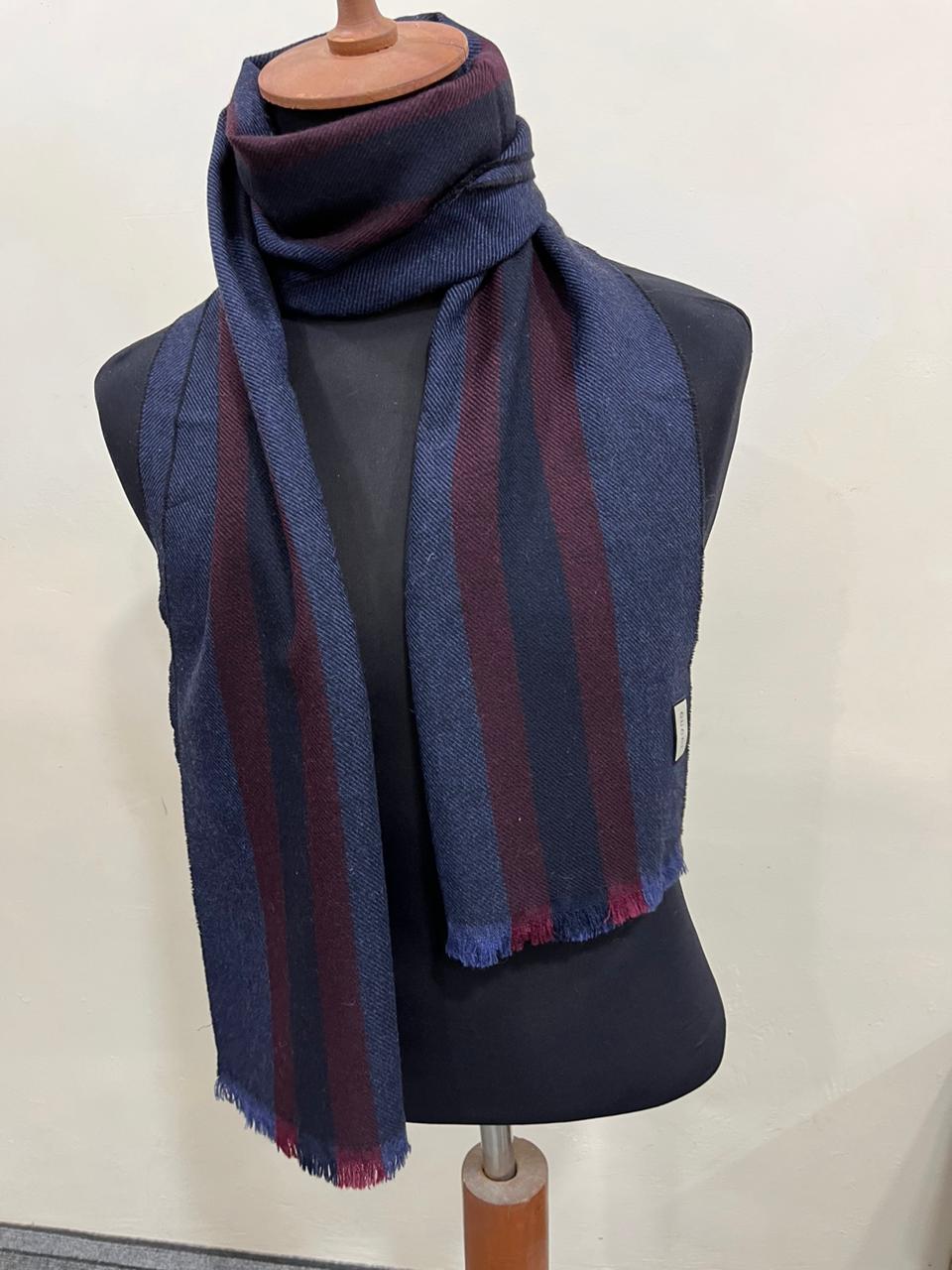 Gucci Navy & Burgundy Striped Wool Scarf with Fringe