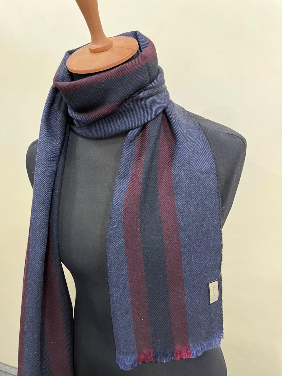 Gucci Navy & Burgundy Striped Wool Scarf with Fringe