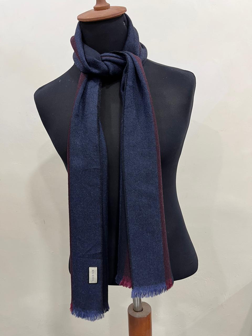 Gucci Navy & Burgundy Striped Wool Scarf with Fringe