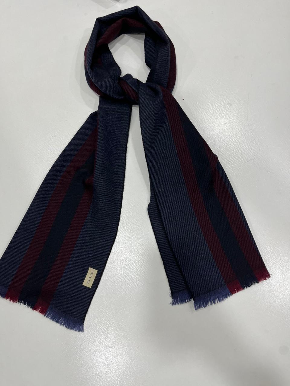Gucci Navy & Burgundy Striped Wool Scarf with Fringe