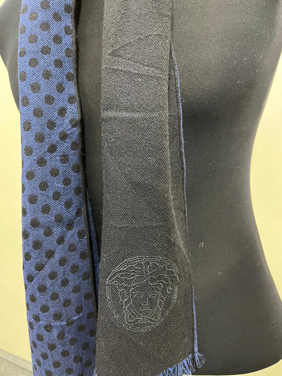 Versace Medusa 100% Wool Scarf – Blue & Black Polka Dot, Made in Italy