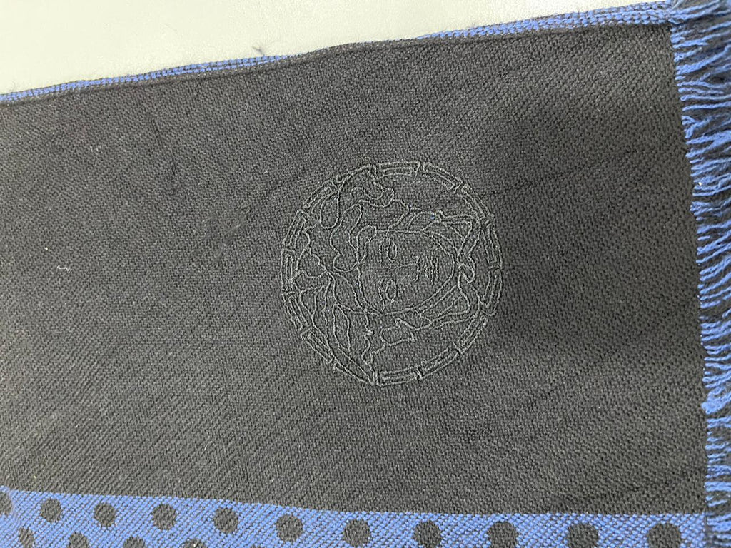Versace Medusa 100% Wool Scarf – Blue & Black Polka Dot, Made in Italy