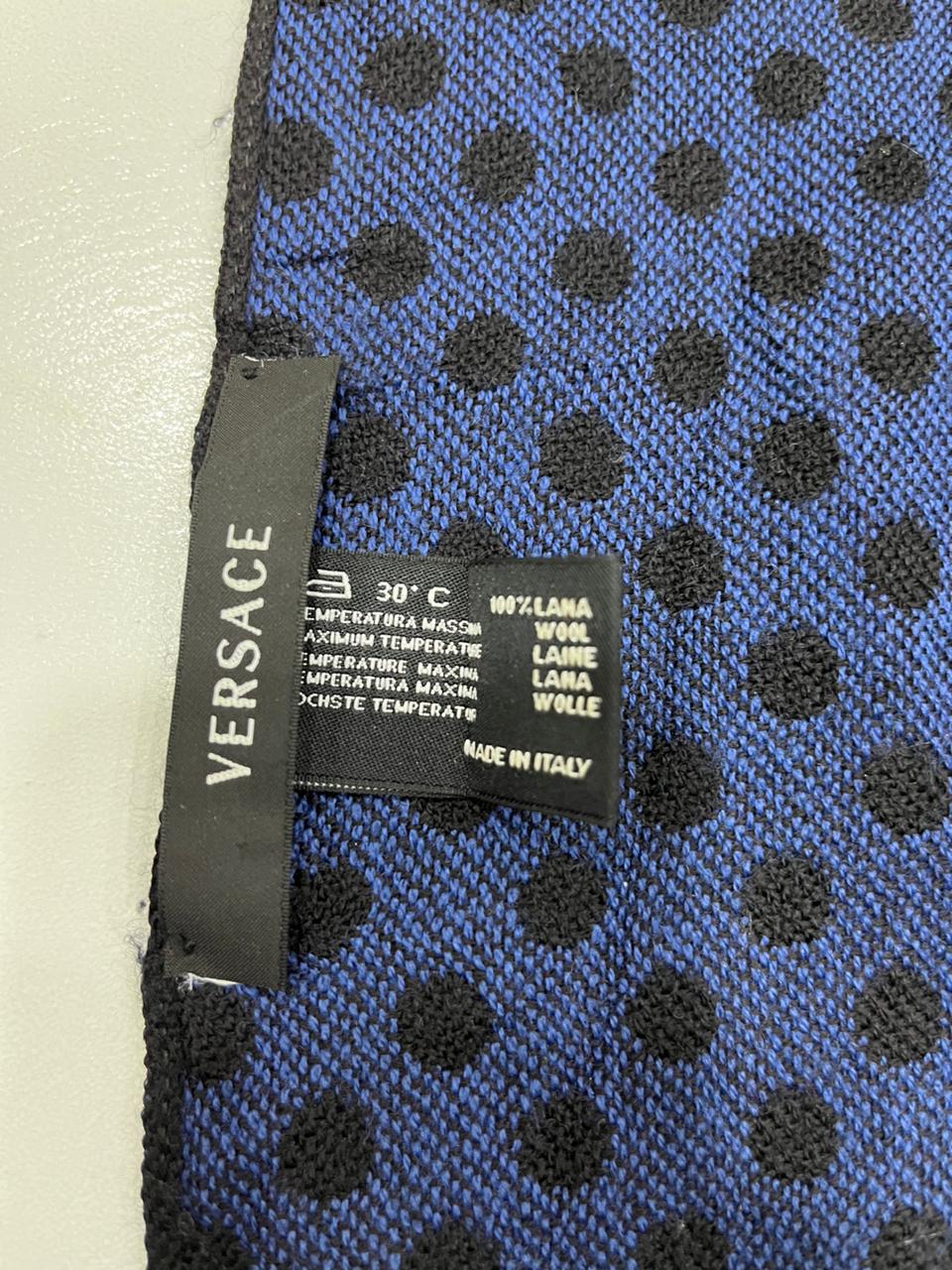 Versace Medusa 100% Wool Scarf – Blue & Black Polka Dot, Made in Italy