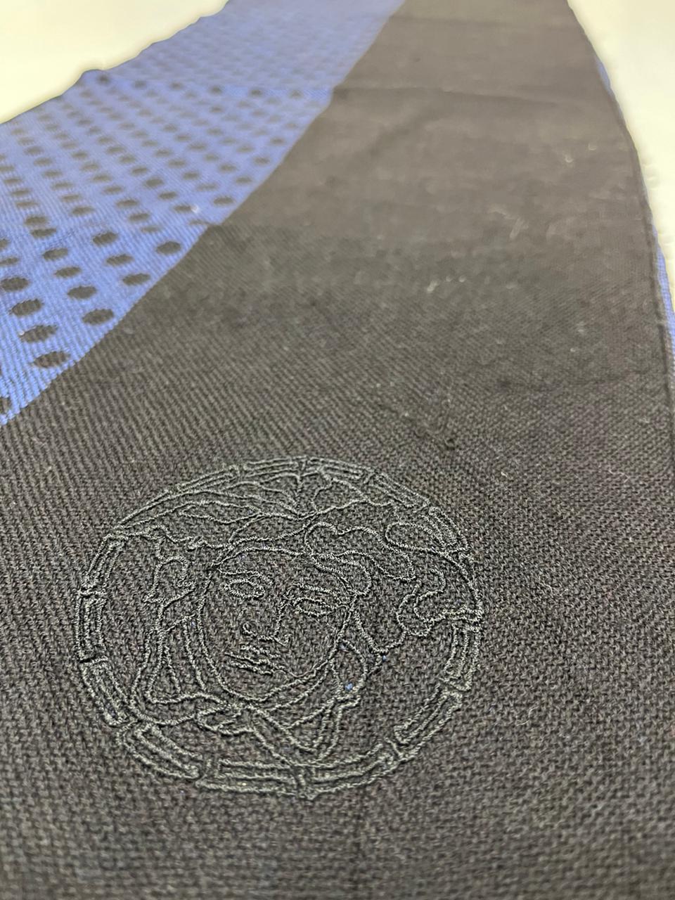 Versace Medusa 100% Wool Scarf – Blue & Black Polka Dot, Made in Italy