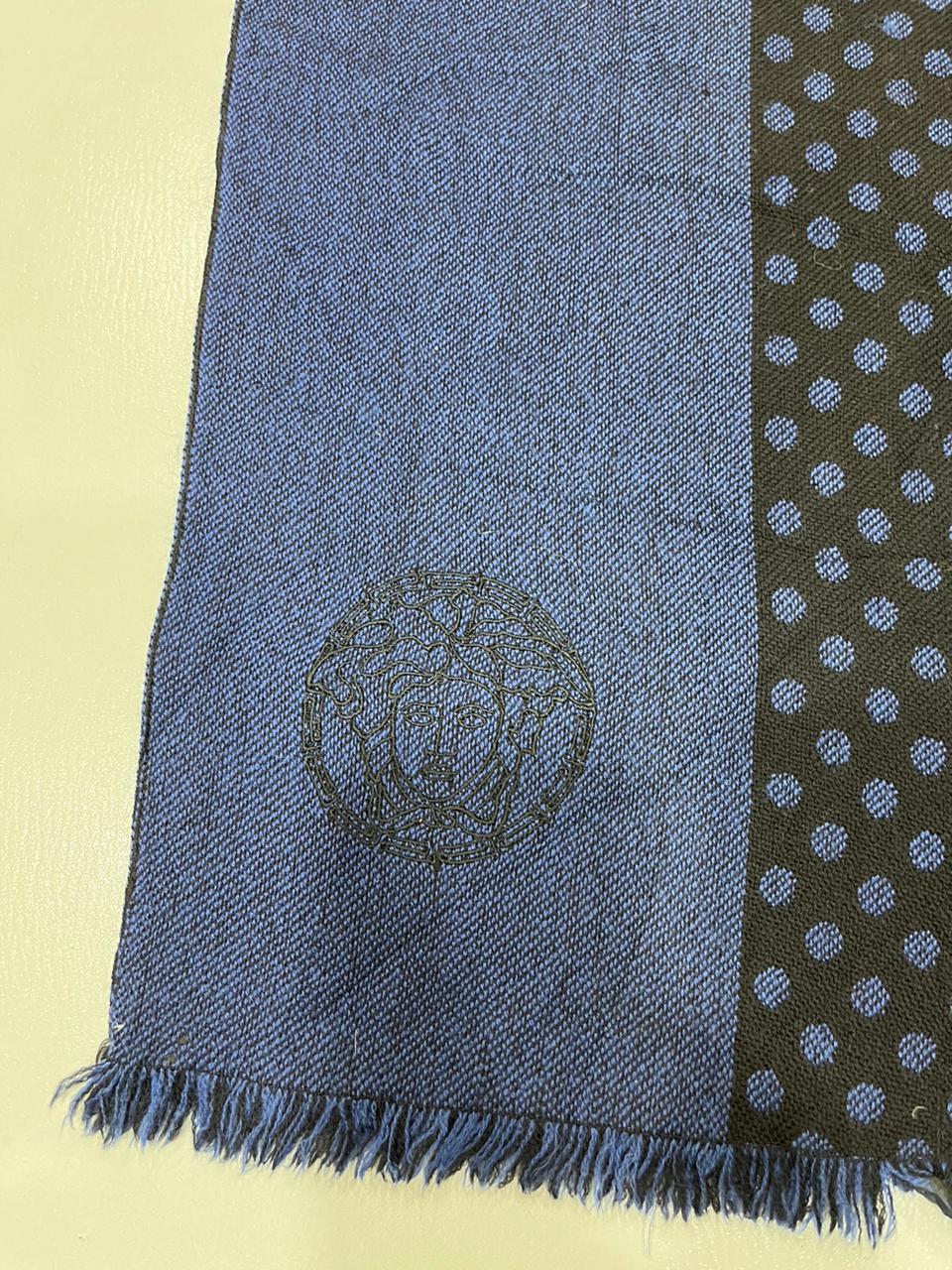 Versace Medusa 100% Wool Scarf – Blue & Black Polka Dot, Made in Italy
