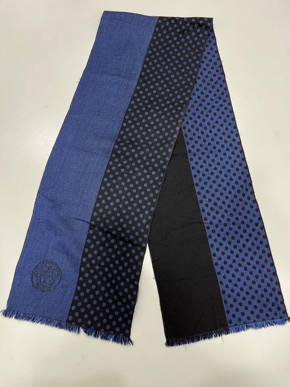 Versace Medusa 100% Wool Scarf – Blue & Black Polka Dot, Made in Italy