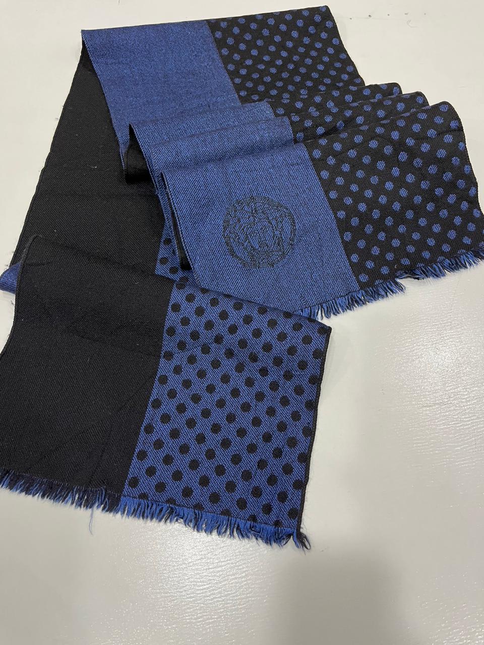 Versace Medusa 100% Wool Scarf – Blue & Black Polka Dot, Made in Italy