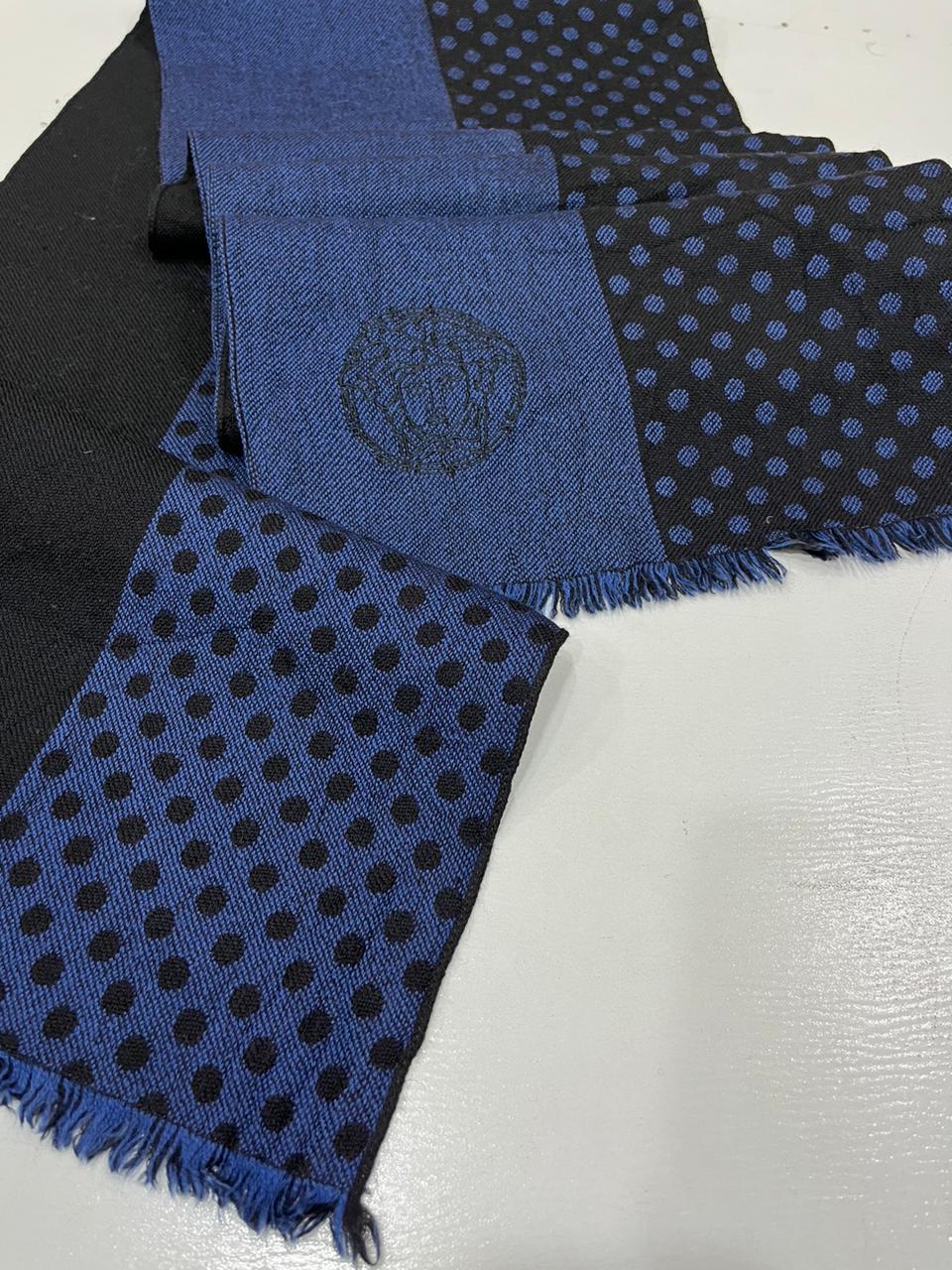 Versace Medusa 100% Wool Scarf – Blue & Black Polka Dot, Made in Italy