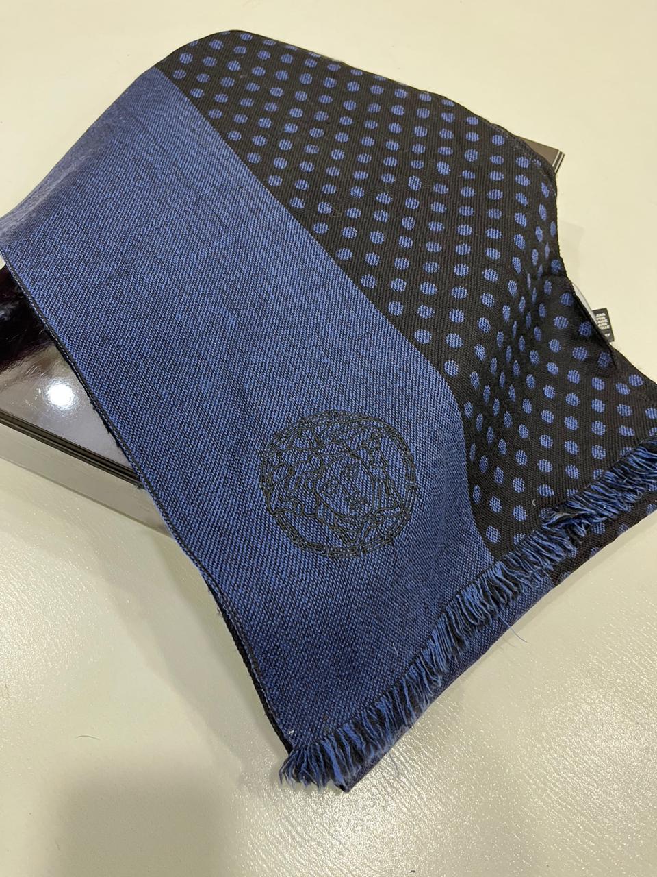 Versace Medusa 100% Wool Scarf – Blue & Black Polka Dot, Made in Italy