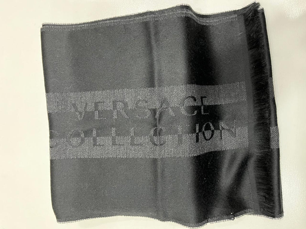 Gianni Versace Collection Black & Charcoal Grey Wool Blend Logo Scarf Made in Italy