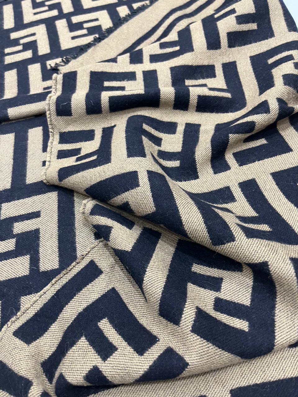 Fendi Vintage Tobacco & Black FF Monogram Jacquard Wool-Silk Fringed Scarf