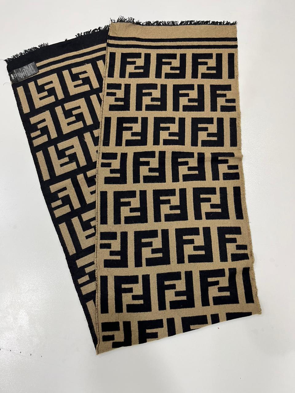 Fendi Vintage Tobacco & Black FF Monogram Jacquard Wool-Silk Fringed Scarf