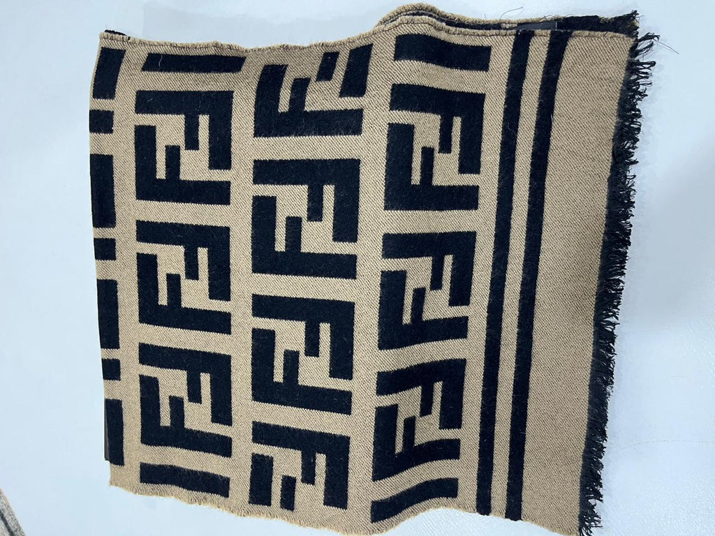 Fendi Vintage Tobacco & Black FF Monogram Jacquard Wool-Silk Fringed Scarf